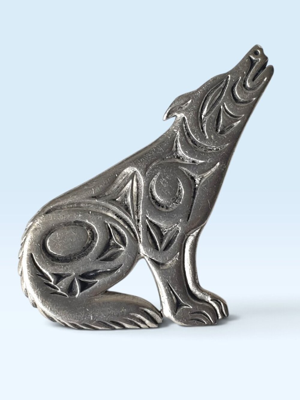 Rare Vintage Canadian Inuit Howling Wolf Pewter Statement Brooch